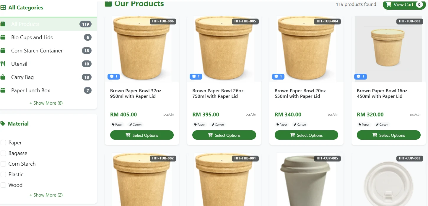 Real EcoPackHub product catalogue screenshot